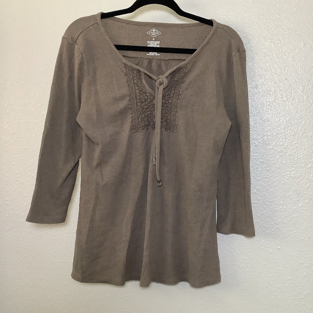 Brown Waffle Knit Cotton Blend Lace Bohemian Boho Hippie Earthy Peasant Top M